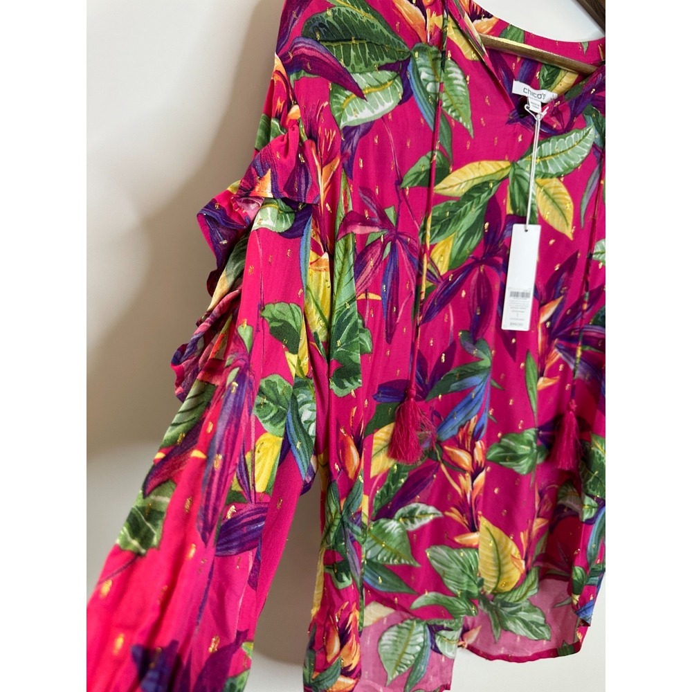 NEW Chico's Double Ruffle Sleeve Vivid Botanical Blouse Tasseled Top Size 1 US 8 - Picture 5 of 11